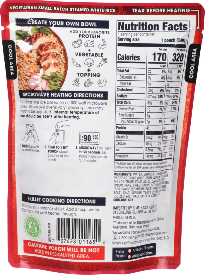 A Simply Asia pouch of vegetarian small batch steamed white rice with nutritional information and cooking instructions.