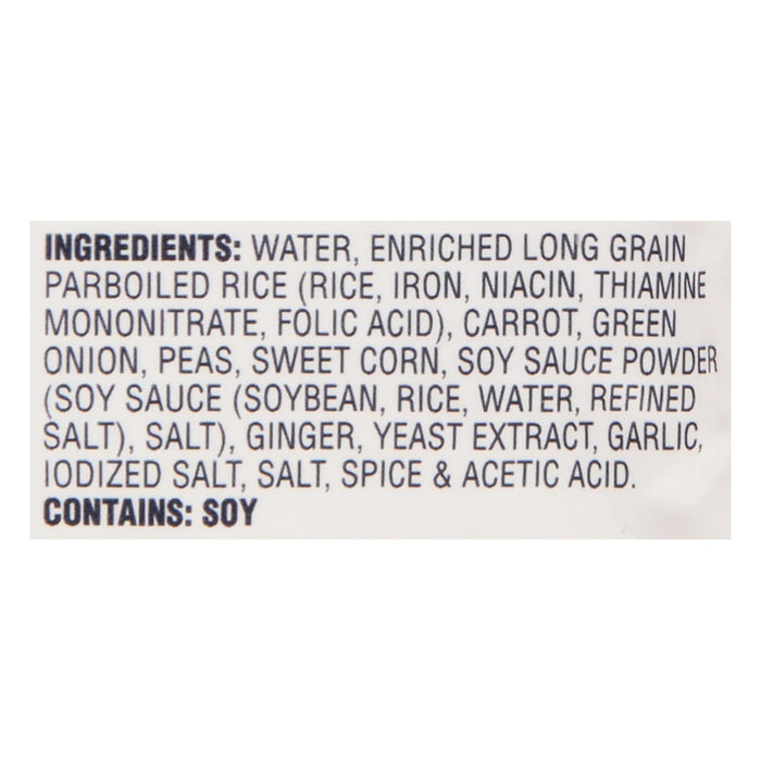 A list of ingredients for a product, including water, enriched long grain parboiled rice, carrot, green onion, peas, sweet corn, soy sauce powder, ginger, yeast extract, garlic, iodized salt, salt, spice and acetic acid.