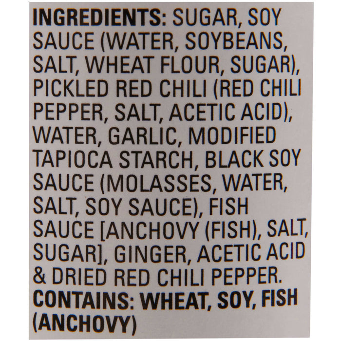 A list of ingredients for a product, including sugar, soy sauce, wheat flour, red chili pepper, garlic, and anchovy.