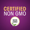 A logo with a gold circle and two green leaves that says Certified Non GMO in white and black text.