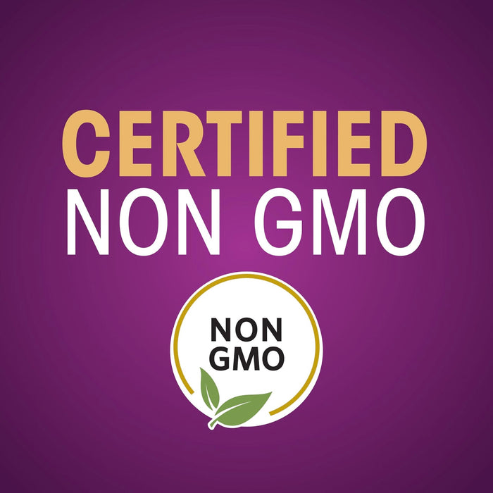 A logo with a gold circle and two green leaves that says Certified Non GMO in white and black text.