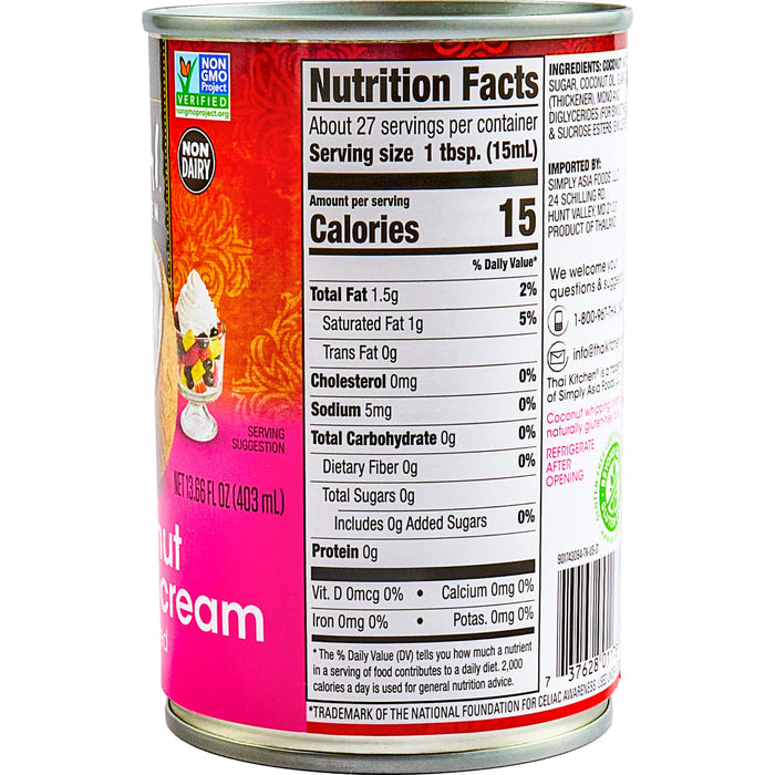 A can of Thai Kitchen coconut cream with a nutrition facts label.