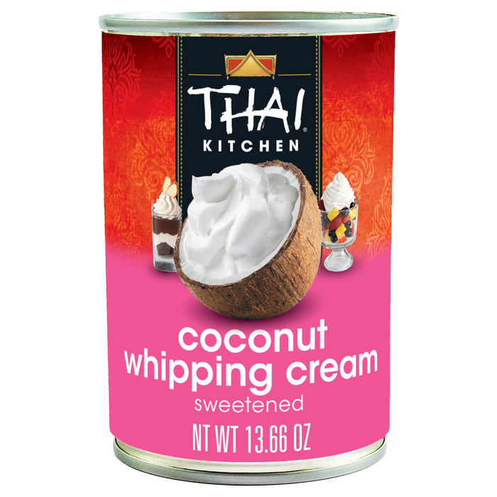 A can of Thai Kitchen Coconut Whipping Cream, showcasing the product's brand and intended use.
