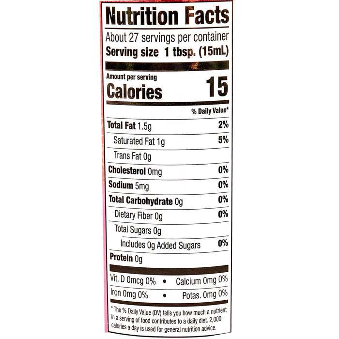 Nutrition facts label showing that one tablespoon serving contains 15 calories, 1.5g of total fat, and 0g of protein.