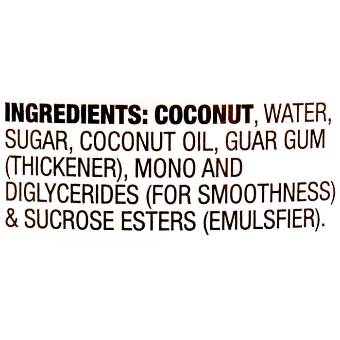 The image displays a list of ingredients, including coconut, water, sugar, coconut oil, guar gum, mono and diglycerides, and sucrose esters.
