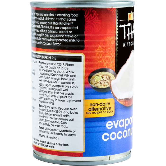 A can of Thai Kitchen Evaporated Coconut Milk with a recipe for coconut pumpkin pie on the label.