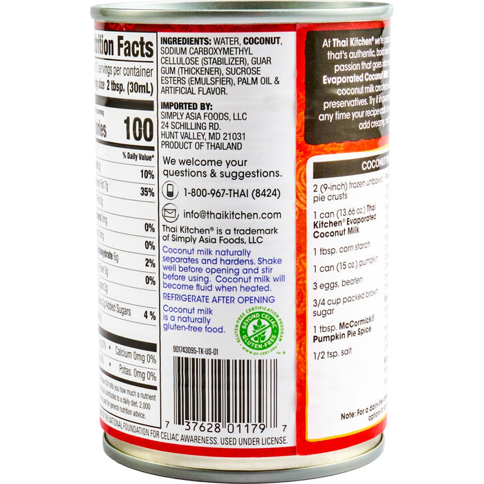 A can of Thai Kitchen Evaporated Coconut Milk with nutrition facts, ingredients, and gluten-free certification.