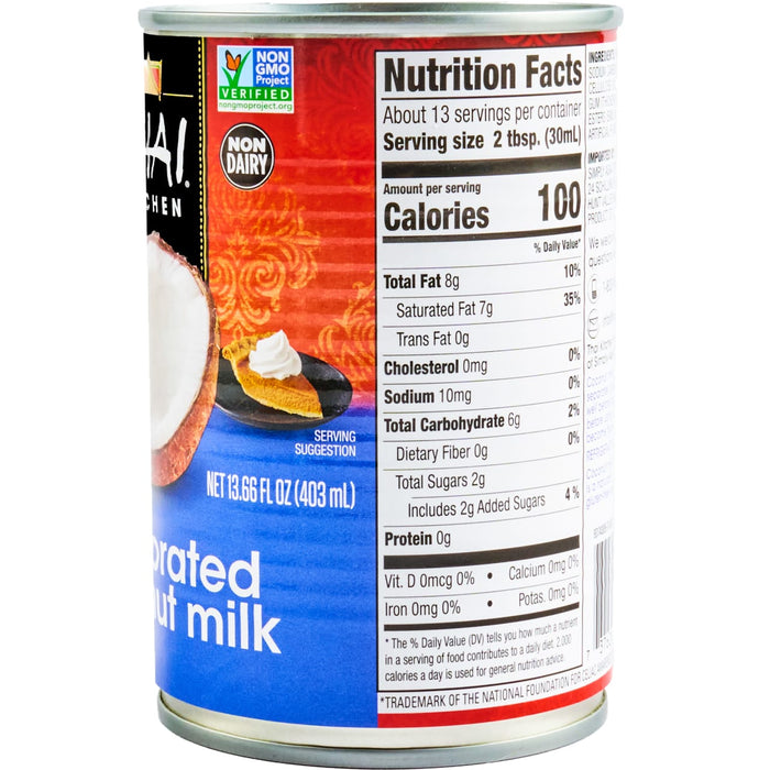 A can of Thai Kitchen coconut milk with a nutrition facts label.