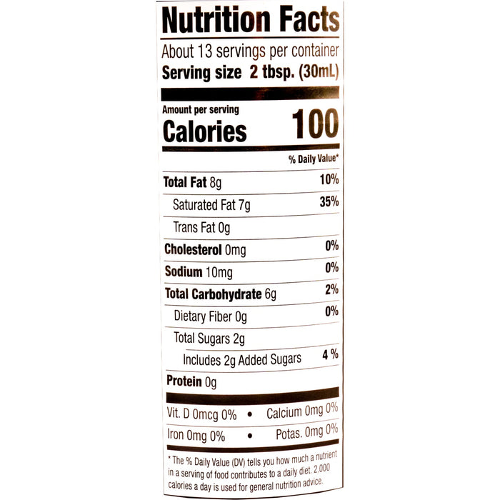 This is a nutrition facts label showing that a serving size of 2 tablespoons contains 100 calories, 8g of total fat, and 6g of total carbohydrates.