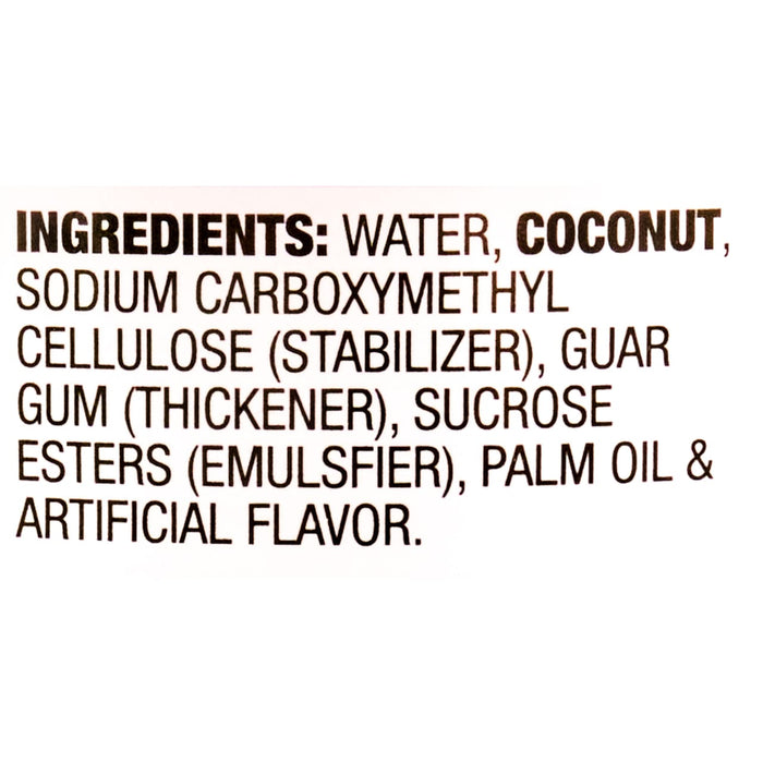 The image shows the ingredients list for a product, including water, coconut, sodium carboxymethyl cellulose, guar gum, sucrose esters, palm oil, and artificial flavor.