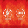 Two white icons on a red background with a damask pattern one says Gluten Free and the other says Non GMO.