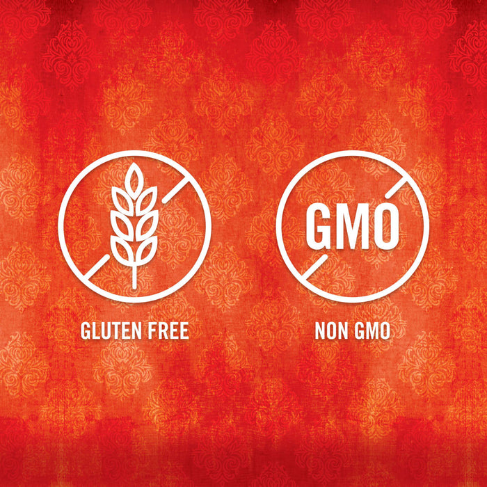 Two white icons on a red background with a damask pattern one says Gluten Free and the other says Non GMO.