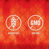 Two white icons on a red background with a damask pattern one says Gluten Free and the other says Non GMO.