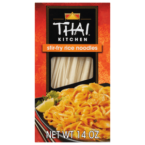 A box of Thai Kitchen stir-fry rice noodles with a picture of a finished dish on the front.