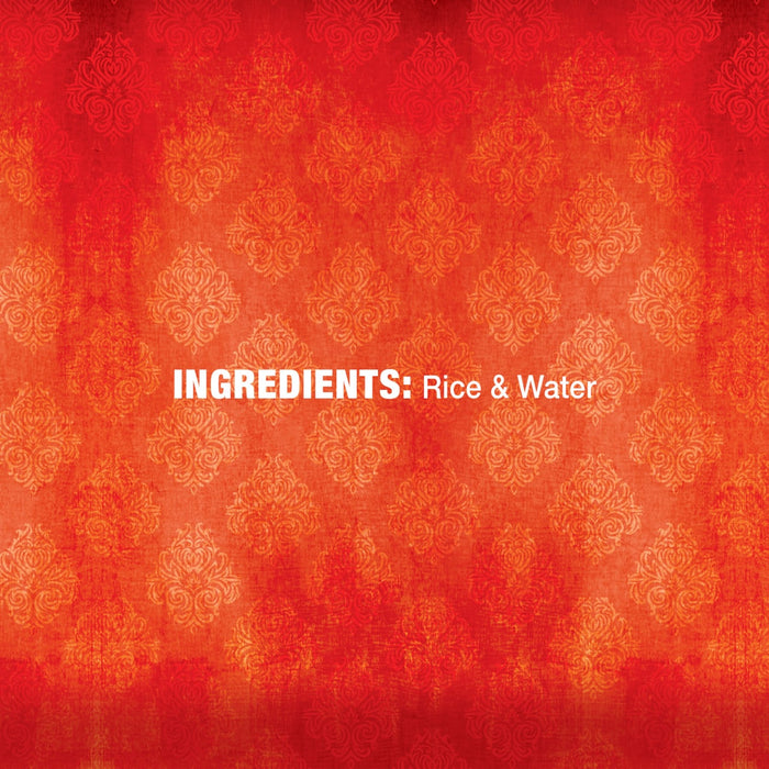 A red background with a white text that says INGREDIENTS: Rice &amp; Water