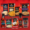 A collage of Thai Kitchen products including stir-fry rice noodles fried rice pad thai noodle kit thai peanut rice noodle cart spring onion instant rice noodle soup coconut milk sweet red chili premium fish sauce and red curry paste.