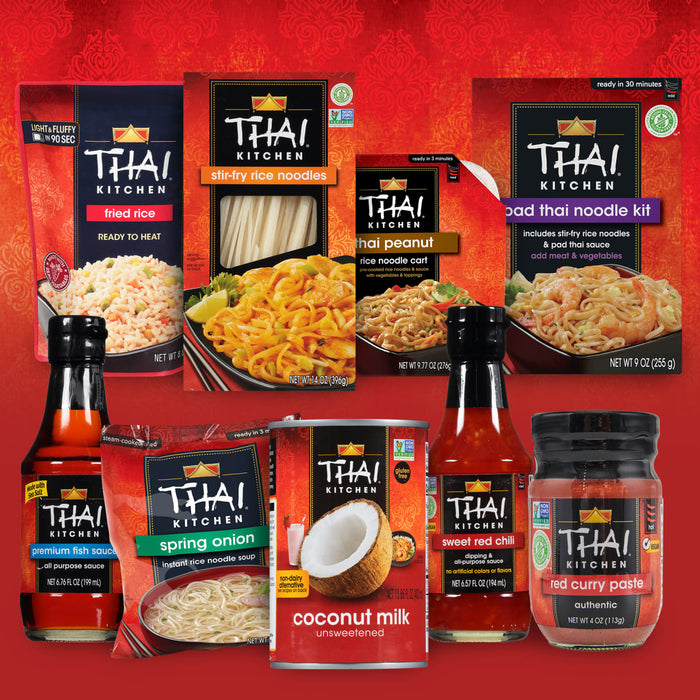 A collage of Thai Kitchen products including stir-fry rice noodles fried rice pad thai noodle kit thai peanut rice noodle cart spring onion instant rice noodle soup coconut milk sweet red chili premium fish sauce and red curry paste.