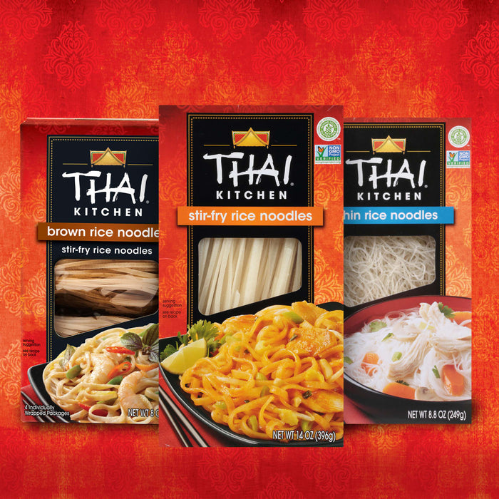 Three boxes of Thai Kitchen rice noodles brown rice stir-fry and thin rice.
