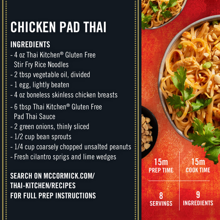 A recipe for Chicken Pad Thai from McCormick Thai Kitchen with a picture of the finished dish.