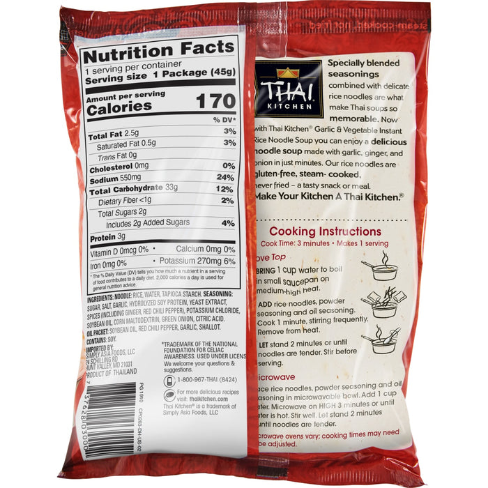 Thai Kitchen Garlic &amp; Vegetable Instant Rice Noodle Soup package with nutrition facts and cooking instructions.