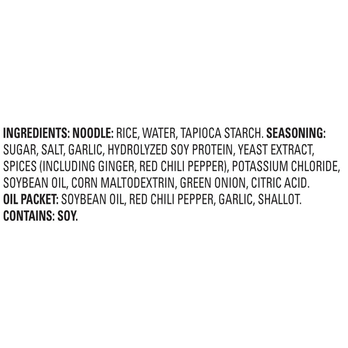 A list of ingredients for a noodle product including the noodle itself seasoning and oil packet.