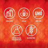 The image displays icons indicating the product is non-dairy, vegan, non-GMO, has no artificial preservatives, and is gluten-free.