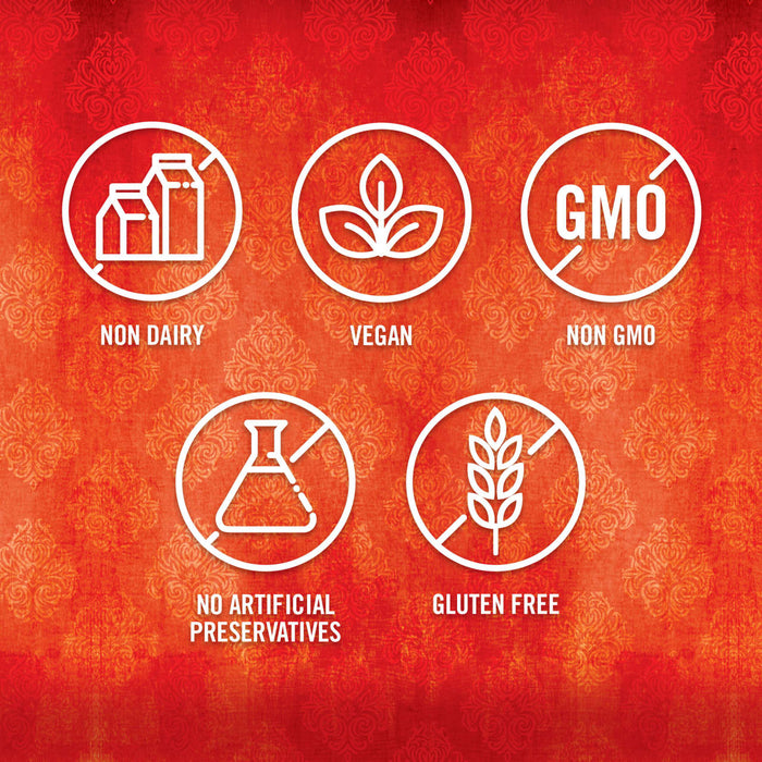 The image displays icons indicating the product is non-dairy, vegan, non-GMO, has no artificial preservatives, and is gluten-free.