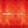 The ingredients list shows Coconut, Water, and Guar Gum on an orange patterned background.