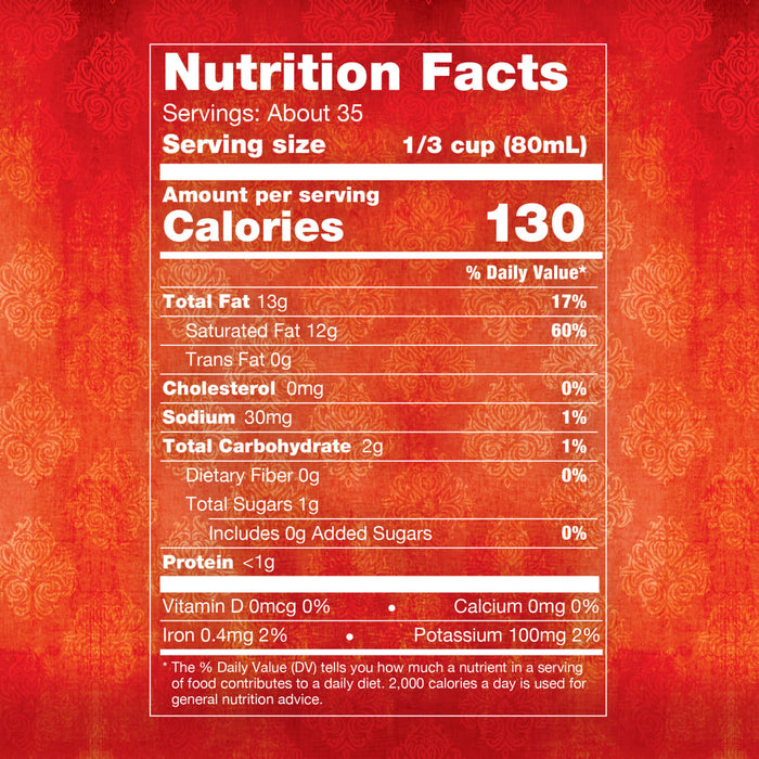 This is a nutrition facts label showing that one serving of the product contains 130 calories, 12g of total fat, and 5g of total carbohydrates.