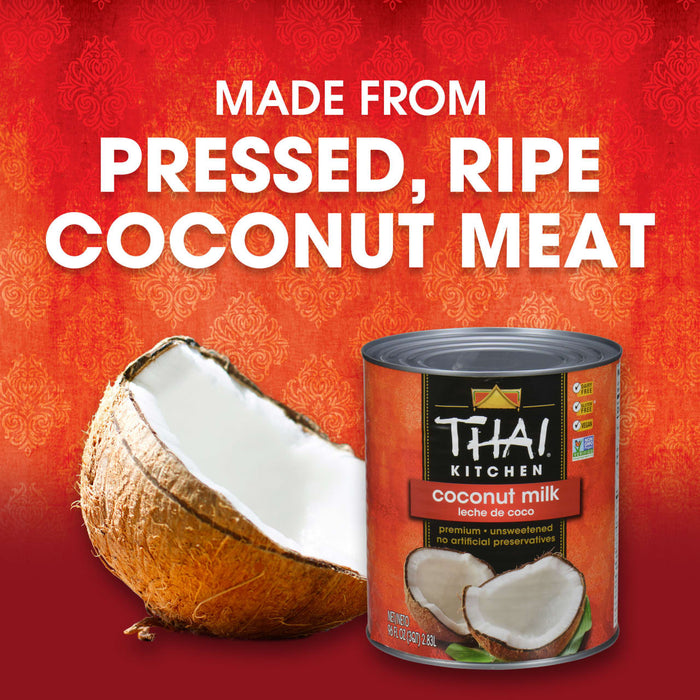 Thai Kitchen coconut milk is made from pressed, ripe coconut meat, as shown next to a halved coconut.