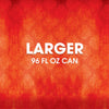 A larger 96 fl oz can is advertised against a red patterned background.