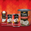 A variety of Thai Kitchen coconut milk products are displayed against a red background.
