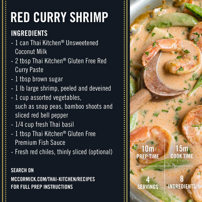 This image features a recipe for Red Curry Shrimp, highlighting Thai Kitchen brand ingredients like coconut milk and gluten-free red curry paste.