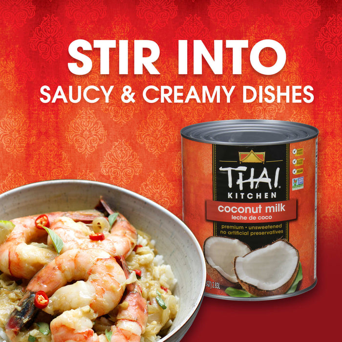 A can of Thai Kitchen coconut milk is featured alongside a bowl of creamy shrimp dish, promoting its use in saucy and creamy recipes.