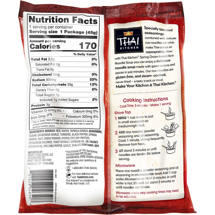 Thai Kitchen Spring Onion Instant Rice Noodle Soup package with nutrition facts and cooking instructions.