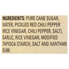 Ingredients for the product include pure cane sugar water pickled red chili pepper garlic rice vinegar modified tapioca starch salt and xanthan gum.