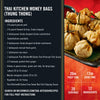 A recipe card for Thai Kitchen Money Bags (Thung Thong) shows golden-fried money bags tied with chives on a plate, with a small bowl of Thai Kitchen Gf-Tk Sweet Chili Sauce 6 X 1 L for dipping, alongside ingredient and preparation details.