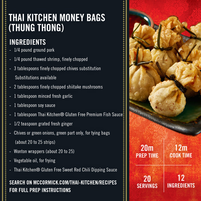 A recipe card for Thai Kitchen Money Bags (Thung Thong) shows golden-fried money bags tied with chives on a plate, with a small bowl of Thai Kitchen Gf-Tk Sweet Chili Sauce 6 X 1 L for dipping, alongside ingredient and preparation details.