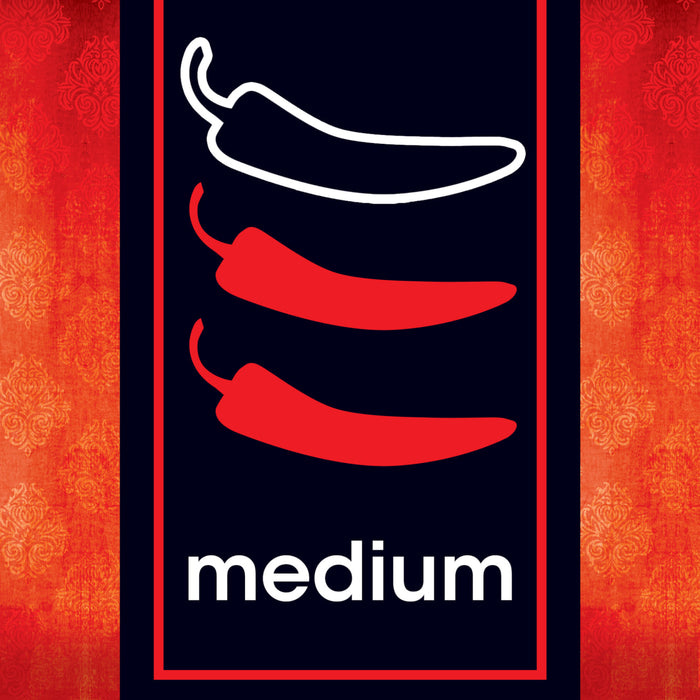 A graphic illustration from a package of Thai Kitchen, 9.0 Oz indicates a medium spice level with two out of three chili peppers colored red.