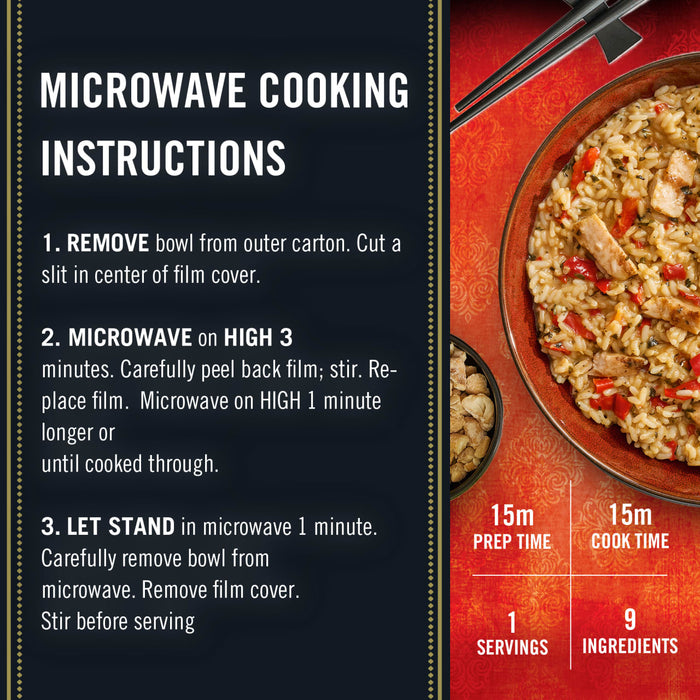 Microwave cooking instructions for a package of Thai Kitchen, 9.0 Oz are displayed next to a finished bowl of the rice and chicken meal.