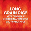 White text on a red patterned background describes the Thai Kitchen, 9.0 Oz product as Long Grain Rice with Chicken &amp; Veggies in a Thai-Style Spicy Basil Sauce.