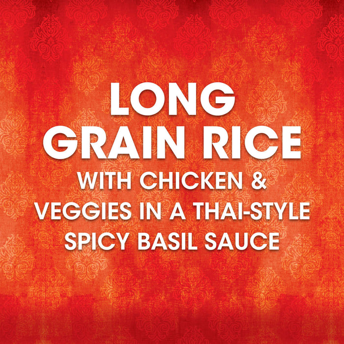 White text on a red patterned background describes the Thai Kitchen, 9.0 Oz product as Long Grain Rice with Chicken &amp; Veggies in a Thai-Style Spicy Basil Sauce.