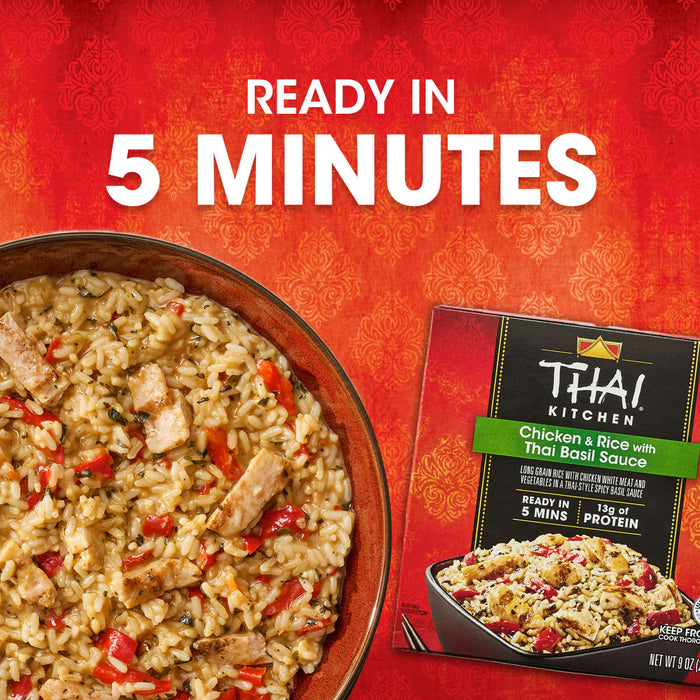 A delicious-looking bowl of chicken and rice is shown next to the packaging for the Thai Kitchen, 9.0 Oz Chicken &amp; Rice with Thai Basil Sauce, with text above reading Ready in 5 Minutes.