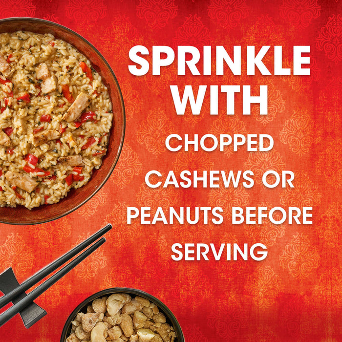 A serving suggestion for a Thai Kitchen, 9.0 Oz meal shows a bowl of chicken and rice, with text recommending to sprinkle with chopped cashews or peanuts before serving.