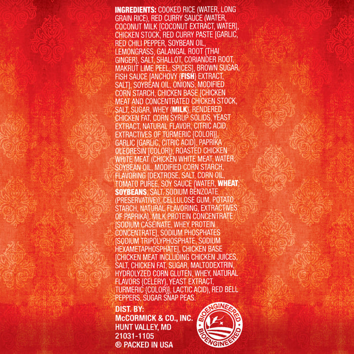 The ingredients list and distributor information for a package of Thai Kitchen, 9.0 Oz, distributed by McCormick &amp; Co., Inc., are displayed on a red, patterned background.