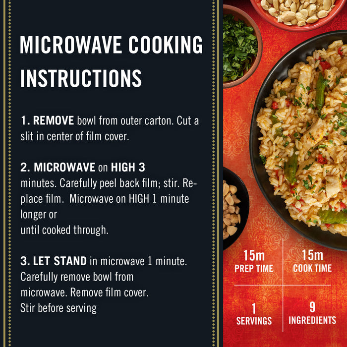 The microwave cooking instructions for a package of Thai Kitchen, 9.0 Oz are displayed next to a finished bowl of the chicken and rice dish.
