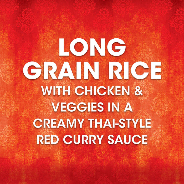 A promotional graphic for Thai Kitchen, 9.0 Oz features bold white text on a red patterned background describing the product as Long grain rice with chicken &amp; veggies in a creamy Thai-style red curry sauce.