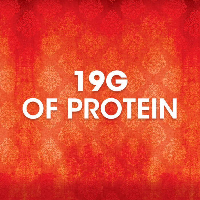 A graphic for Thai Kitchen, 9.0 Oz highlights its 19g of protein against a red patterned background.