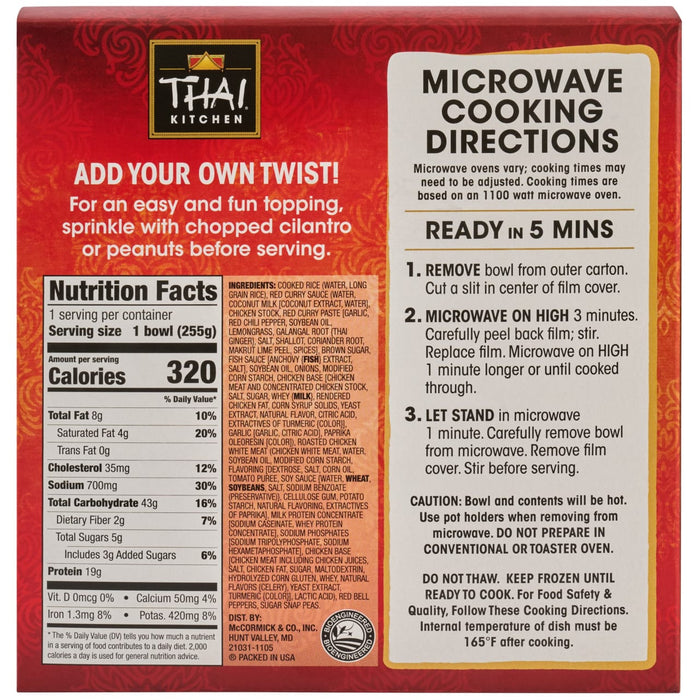 Nutritional information and cooking instructions are displayed on the back of a box of Thai Kitchen Coconut Red Curry Sauce With Chicken Rice, 9 Oz.