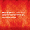 The image shows the ingredient list for a product, including garlic, red chili pepper, soybean oil, lemongrass, galangal root, salt, shallot, coriander root, kaffir lime peel, and spices.
